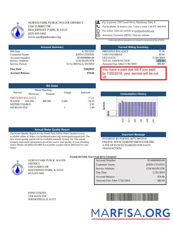 Realistic USA Illinois North Park Public Water District IL utility bill template in Word and PDF format